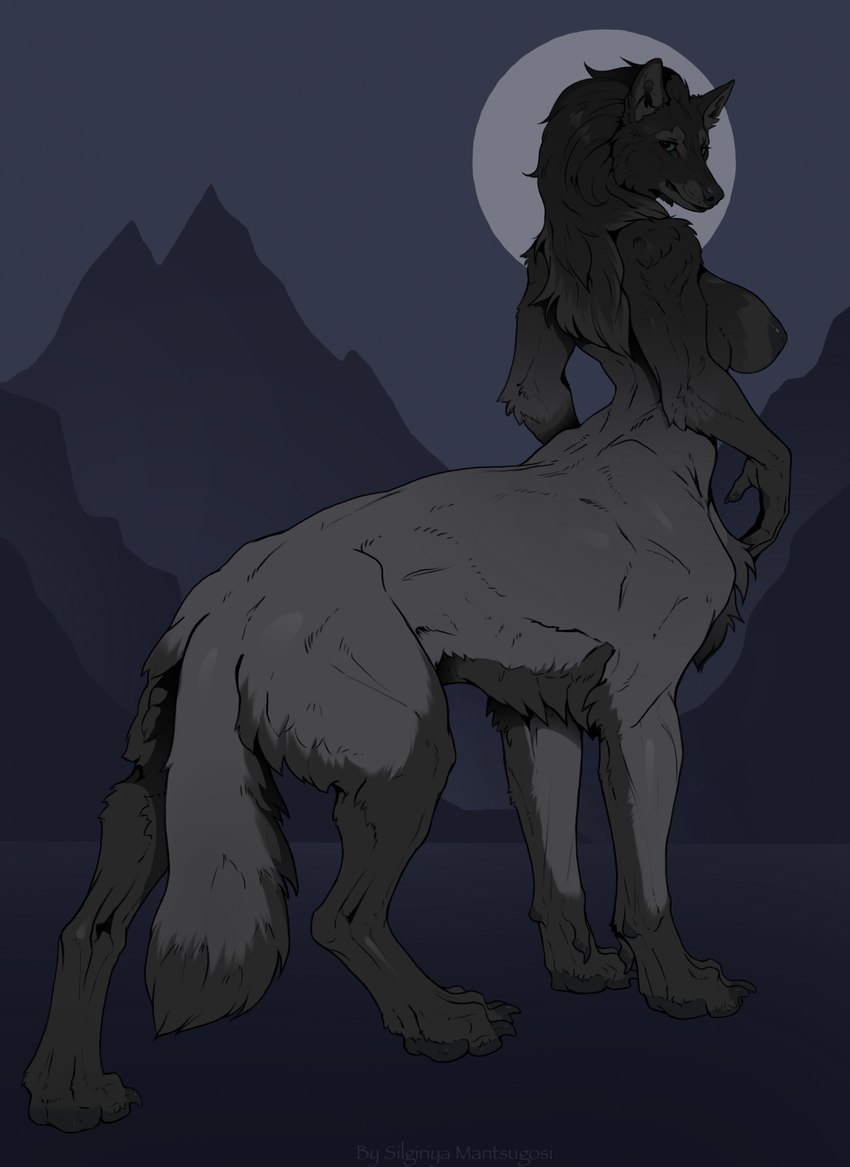 areola breasts feet female fingers fur green_eyes grey_body grey_fur grey_hair grey_tail hair inner_ear_fluff looking_at_viewer looking_back looking_back_at_viewer moon mountain nipples outside rear_view side_boob solo standing tail toes tuft silgiriya_mantsugosi canid canid_taur canine canine_taur canis mammal mammal_taur taur wolf wolf_taur 2024 digital_media_(artwork) hi_res