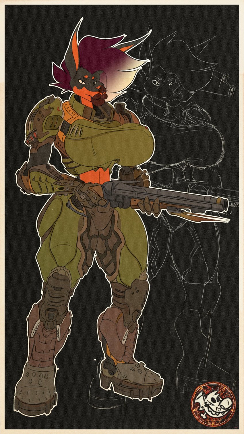 anthro armor breasts clothed clothing female gun lips ranged_weapon solo thick_lips thick_thighs weapon thewilldpink doom_(series) doom_eternal id_software microsoft elizabeth_konig canid canine canis dobermann domestic_dog mammal pinscher 2020 9:16 digital_media_(artwork) hi_res