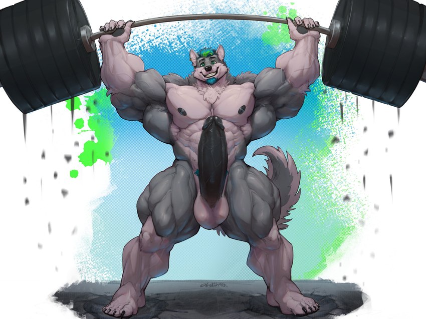 abs abstract_background anthro areola balls barazoku barbell beard biceps big_balls big_biceps big_muscles big_pecs big_penis claws ear_piercing ear_ring erection exercise eyebrows facial_hair front_view fur genitals hair huge_balls huge_muscles huge_pecs huge_penis huge_thighs humanoid_genitalia humanoid_penis hyper hyper_genitalia hyper_muscles hyper_penis long_penis looking_at_viewer male manly muscular muscular_anthro muscular_arms muscular_male nipples nude obliques pecs penis piercing pubes quads ring_piercing serratus simple_background smile solo standing teeth thick_penis thick_thighs tuft vein weightlifting weights workout oldshep alan_stevenson canid canine canis domestic_dog husky hybrid mammal nordic_sled_dog spitz wolf 2024 hi_res