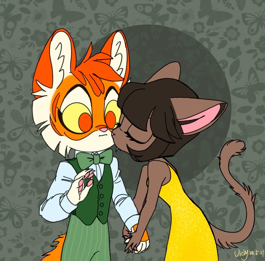 alternative_fashion anthro bob_cut bottomwear bow_tie brown_hair brown_tail canon_couple claws clothed clothing daww duo ears_down eyelashes eyes_closed female flapper flirting fluffy fluffy_tail flustered flustered_male fully_clothed fur gold_dress green_background green_bottomwear green_clothing green_necktie green_pants green_shirt green_topwear hair hand_holding happy holding_partner's_arm intimate kissing kissing_cheek love male male/female necktie orange_body orange_fur orange_pupils pants pawpads pink_nose pivoted_ears pupils shirt shy simple_background tail topwear yellow_eyes vicky_(artist) lackadaisy calvin_mcmurray ivy_pepper domestic_cat felid feline felis mammal 2024 digital_drawing_(artwork) digital_media_(artwork) signature