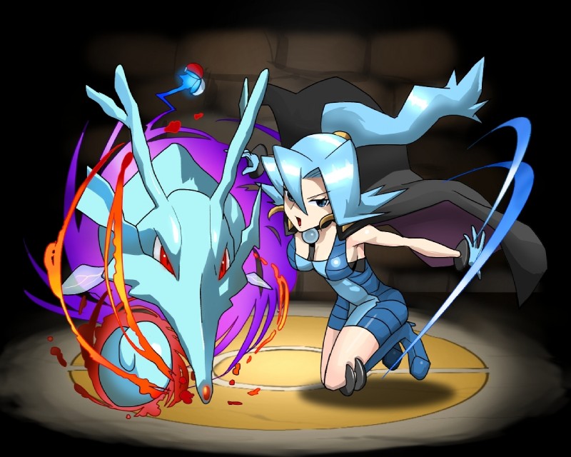 ambiguous_gender blue_hair breasts duo female feral gym_leader hair looking_at_viewer red_eyes cosmo_(artist) nintendo pokemon puzzle_and_dragons clair_(pokemon) generation_2_pokemon kingdra marine pokemon_(species) 5:4