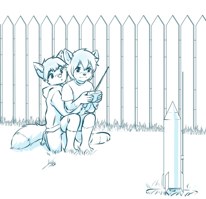 anthro bottomwear clothed clothing controller crouching fence fluffy fluffy_tail grass hoodie hug hugging_another hugging_from_behind kneeling leg_markings male male/male markings model_rocket outside plant remote_control rocket shirt shorts socks_(marking) t-shirt tail topwear toy young aogami arthur_nimbus kiddy_(todeskiddy) australian_possum canid canine fox mammal marsupial petaurid sugar_glider 2024 absurd_res hi_res monochrome signature