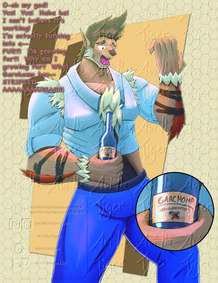 anthro clothing fur fur_growth growth human_to_anthro looking_at_hand male mid_transformation midriff muscle_growth potion proto-muzzle shocked snout snout_growth solo species_transformation stripes tearing_clothing text torn_clothing transformation transformation_potion verbal_reaction_to_tf watermarked_at_source avi_the_tiger forestpunktiger nintendo pokemon arcanine generation_1_pokemon pokemon_(species) distracting_watermark english_text hi_res watermark