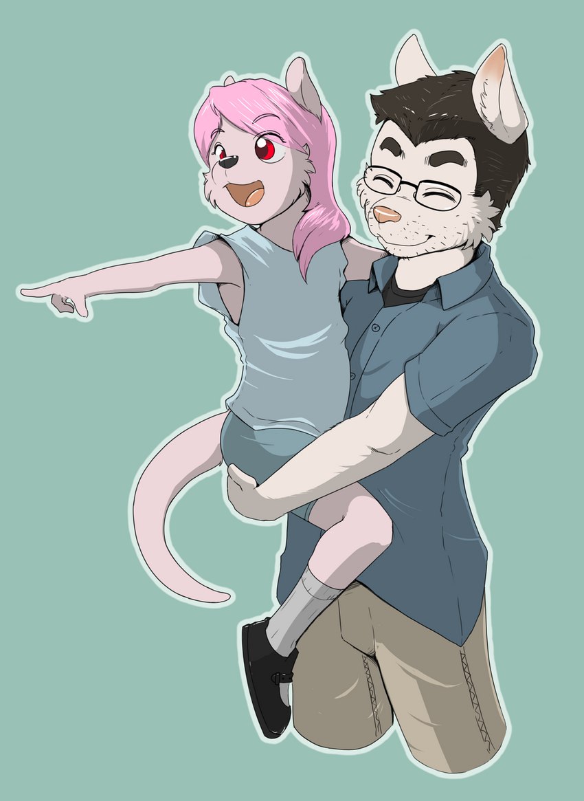 anthro clothed clothing duo female gesture hair hand_gesture happy male male/female pink_hair pointing red_eyes smile young young_anthro young_female arkaid francis_(arkaid) pyravia canid canine domestic_cat felid feline felis fox hybrid mammal mustelid otter hi_res