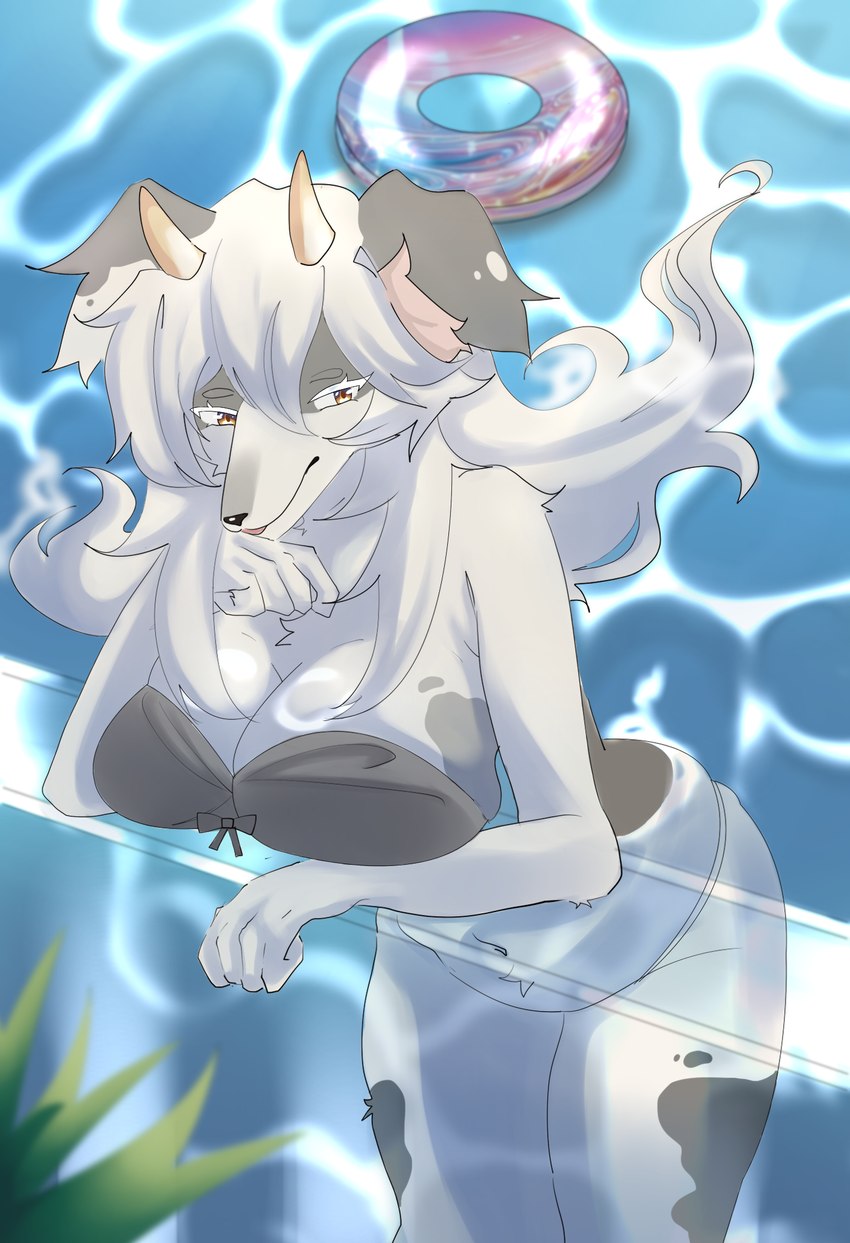 anthro clothing female fur glass hair horn long_hair markings navel plant solo spots spotted_body spotted_fur swim_ring swimming_pool swimwear water yellow_eyes aairwahna oxana_(cowface) borzoi bovid bovine canid canine canis cattle domestic_dog hunting_dog hybrid mammal sighthound hi_res