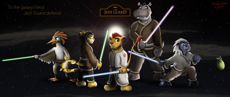 anthro anthrofied blue_lightsaber clothing detailed_background female green_lightsaber group lightsaber male mark_of_the_guard melee_weapon parody pink_lightsaber robe space star sun text weapon young young_anthro alpha_rain disney star_wars the_lion_guard the_lion_king beshte bunga fuli kion_(the_lion_guard) ono_(the_lion_guard) avian badger bird cheetah common_hippopotamus egretta felid feline heron hippopotamid honey_badger lion little_egret mammal mustelid musteline pantherine pelecaniform absurd_res crossover hi_res