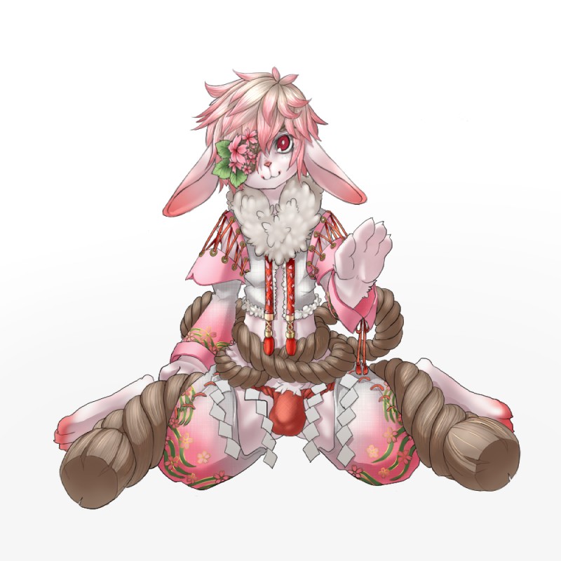 4_fingers accessory anthro biped bulge clothed clothing femboy fingers flower flower_in_hair front_view fur hair hair_accessory kneeling looking_at_viewer male plant red_eyes simple_background solo thong underwear white_background kosian lagomorph leporid mammal rabbit 1:1 2015