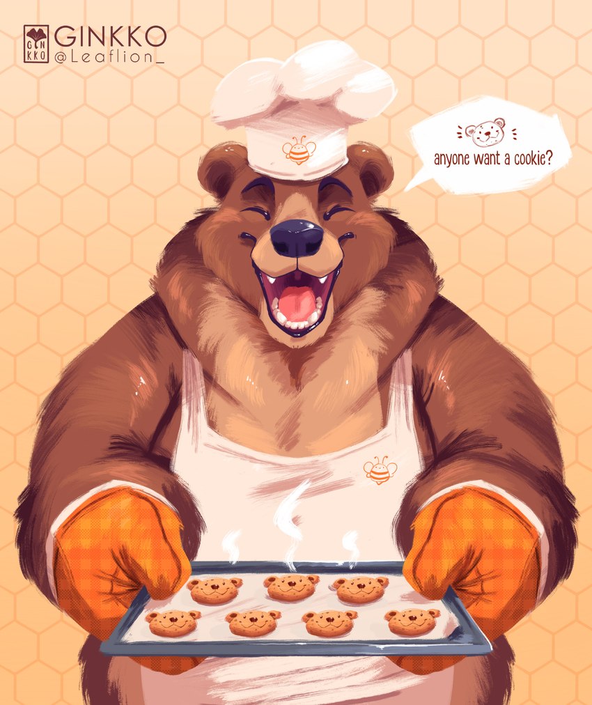 ambiguous_gender anthro apron biped black_nose brown_body brown_fur chef_hat clothing cookie eyes_closed food fur hat headgear headwear overweight solo text ginkko bear mammal 2021 absurd_res english_text hi_res