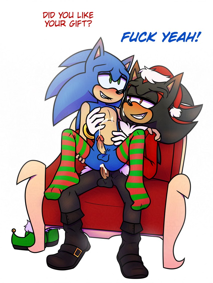 5_fingers anal anal_penetration anthro anus balls bite biting_lip biting_own_lip black_body black_fur blue_body blue_fur bodily_fluids boots chair chair_position christmas_clothing christmas_headwear clothing cum cum_from_ass cum_in_ass cum_inside cum_while_penetrated cumshot dialogue duo ejaculation erection fingers footwear footwear_only from_behind_position fur furniture genital_fluids genitals gloves green_eyes hair handwear hat headgear headwear holidays humanoid_genitalia humanoid_penis male male/male male_penetrated male_penetrating male_penetrating_male mostly_nude orgasm orgasm_face penetration penile penile_penetration penis profanity santa_hat self_bite sex shoes simple_background sitting smile socks socks_only spread_legs spreading teeth text throne white_background gottagoblast christmas sega sonic_the_hedgehog_(series) shadow_the_hedgehog sonic_the_hedgehog eulipotyphlan hedgehog mammal absurd_res digital_media_(artwork) english_text hi_res