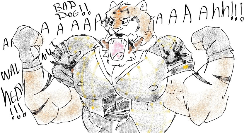 anthro barazoku bodily_fluids clothed clothing cursed_image dialogue duo erection fangs flexing fur genital_fluids genitals humor leaking_precum male male/male muscular muscular_anthro muscular_male nipples pecs pecs_touching precum precum_through_clothing screaming size_difference strangling striped_body striped_fur stripes teeth wet wet_clothing pinumontbalou epic_games fortnite oscar_(fortnite) wendell_(fortnite) canid canine canis felid feline felis mammal pantherine tiger wolf hi_res meme