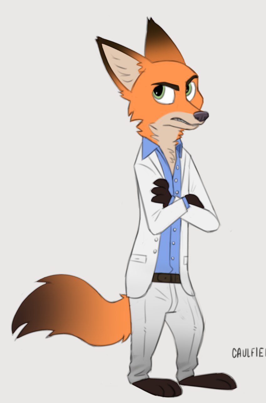 anthro clothing crossed_arms frown_eyebrows grey_background male simple_background solo standing suit caulfie disney left_4_dead_(series) valve zootopia nick_wilde canid canine fox mammal red_fox true_fox crossover hi_res