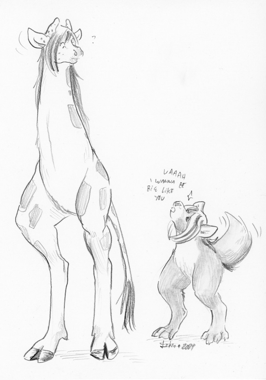 ambiguous_gender anthro armless duo looking_down looking_up modular question_mark size_difference spots tail tail_motion tailwag text cervelet canid canine canis giraffe giraffid halfcut mammal wolf 2021 black_and_white english_text graphite_(artwork) hi_res monochrome sketch traditional_media_(artwork)