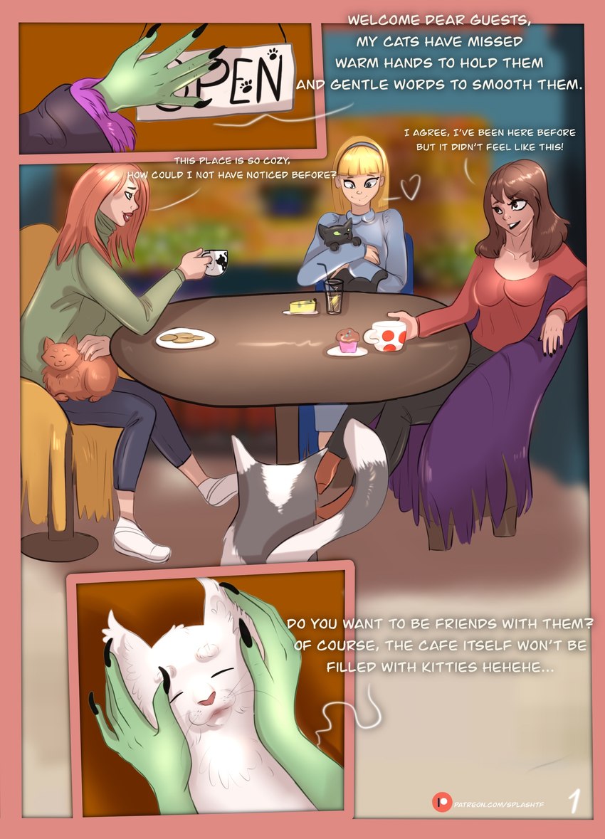 cafe dialogue female feral group magic magic_user text transformation witch witchcraft splashtf domestic_cat felid feline felis human mammal absurd_res comic english_text hi_res