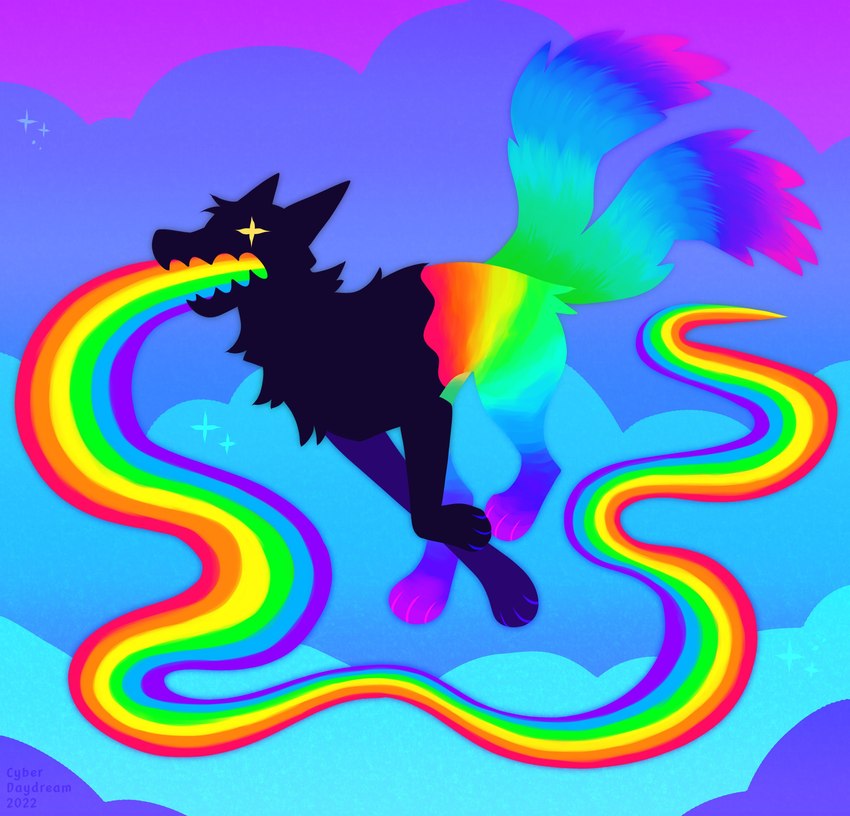 2_tails 4_toes ambiguous_gender black_body black_fur blue_clouds blue_tail breath_powers chest_tuft cloud dipstick_tail feet feral fluffy fluffy_tail fur markings midair multi_tail multicolored_body multicolored_fur multicolored_tail open_mouth paws purple_sky purple_tail_tip quadruped rainbow rainbow_body rainbow_fur running sharp_teeth sky solo sparkles star_eyes tail tail_markings teeth toes tuft yellow_eyes chotpot rgby_(chotpot) canid canine canis mammal wolf 2022 absurd_res colored digital_drawing_(artwork) digital_media_(artwork) english_description hi_res lineless male_(lore)