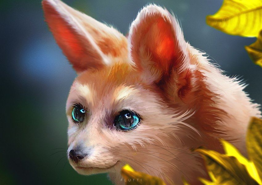 ambiguous_gender black_nose blue_eyes feral fur leaf light solo whiskers white_body white_fur flutti canid canine fennec_fox fox mammal true_fox absurd_res detailed hi_res lighting shaded