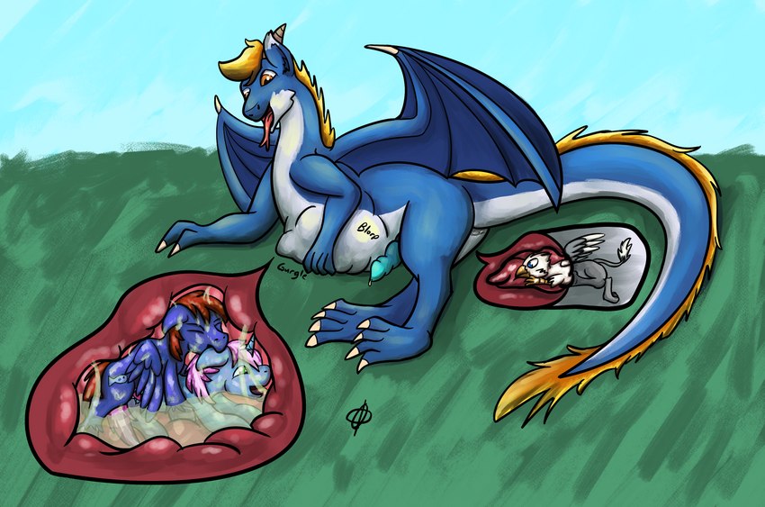 abdominal_bulge anal anal_penetration anal_vore blue_body bodily_fluids countershading cutie_mark eyes_closed feral feral_pred feral_prey forked_tongue fully_inside green_eyes group hair hooves horn imminent_digestion inside_stomach internal larger_pred male male/male male_pred male_prey mane membrane_(anatomy) membranous_wings micro multiple_prey organs partially_inside penetration pink_hair quadruped size_difference stomach stomach_acid tongue tongue_out unicorn_horn vore white_body wings gyrotech hasbro my_little_pony mythology der fan_character gyro_tech nyama seaward_skies avian dragon equid equine gryphon mammal mythological_avian mythological_creature mythological_equine mythological_scalie pegasus scalie unicorn