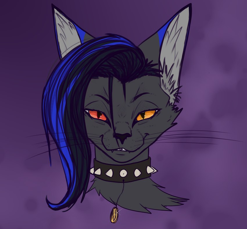 collar fangs female feral fur hair heterochromia inner_ear_fluff long_hair looking_at_viewer medallion narrowed_eyes simple_background smile smirk solo spiked_collar spikes teeth tuft whiskers that1oneperson ghost_aldaine domestic_cat felid feline felis mammal absurd_res hi_res