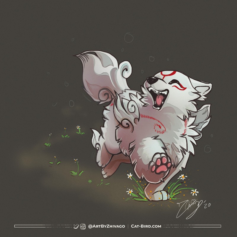 ambiguous_gender fangs feral flower fur open_mouth open_smile pawpads paws plant simple_background smile solo teeth text tongue white_body white_fur zhivago_(artist) capcom clover_studio okami_(capcom) chibiterasu_(okami) canid canine canis deity mammal wolf 1:1 2020 hi_res signature url