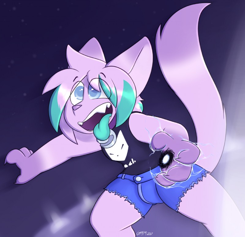 action_pose bell bottomwear clothing collar crop_top magic open_mouth portal pose shirt shorts solo space tongue tongue_out topwear grimev bis_(grimev) domestic_cat felid feline felis mammal 2017 hi_res