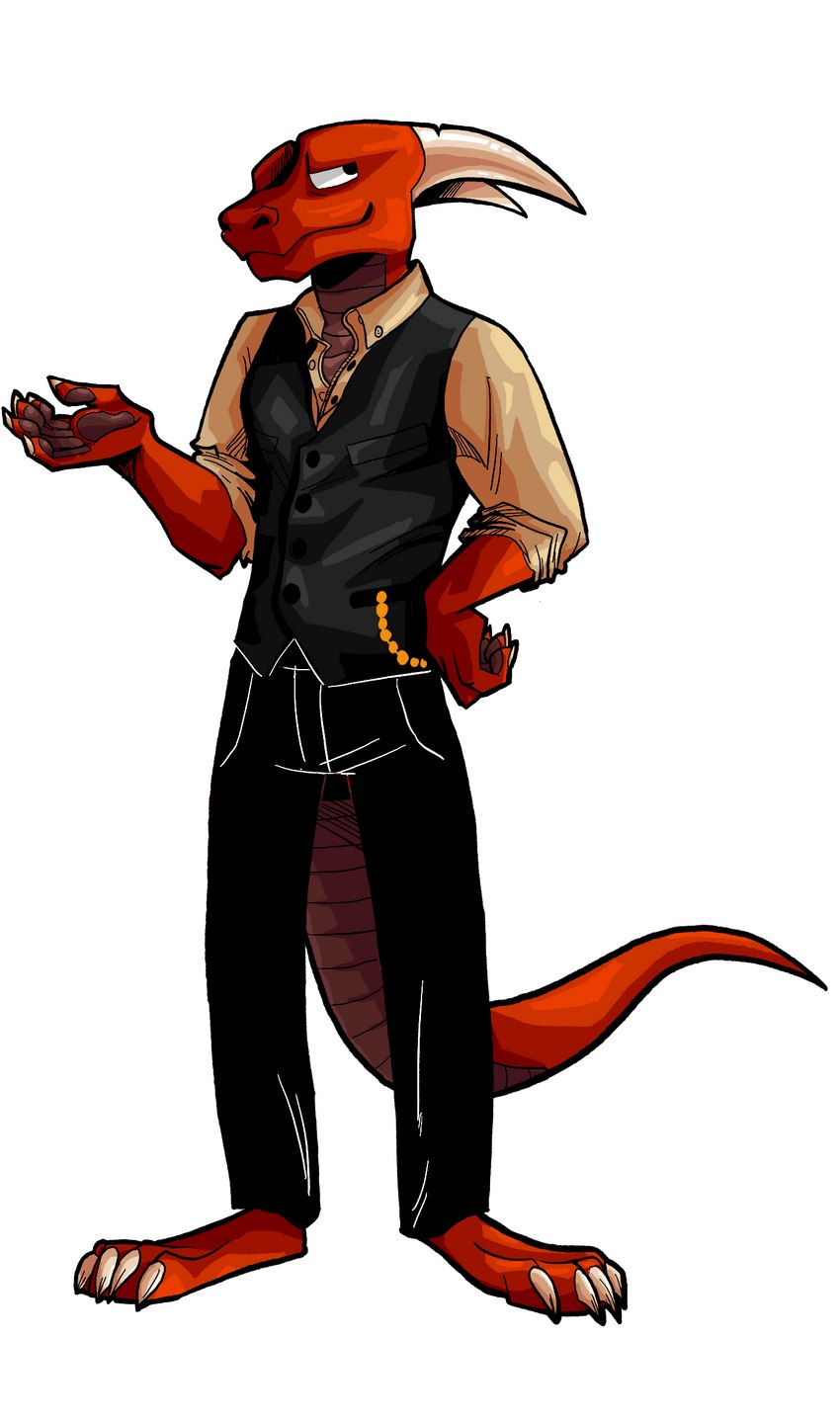 anthro bottomwear claws clothing collared_shirt hand_on_hip horn male pants pawpads red_body simple_background solo tail topwear vest white_background effarreturns european_mythology mythology xaldin dragon mythological_creature mythological_scalie scalie western_dragon absurd_res hi_res