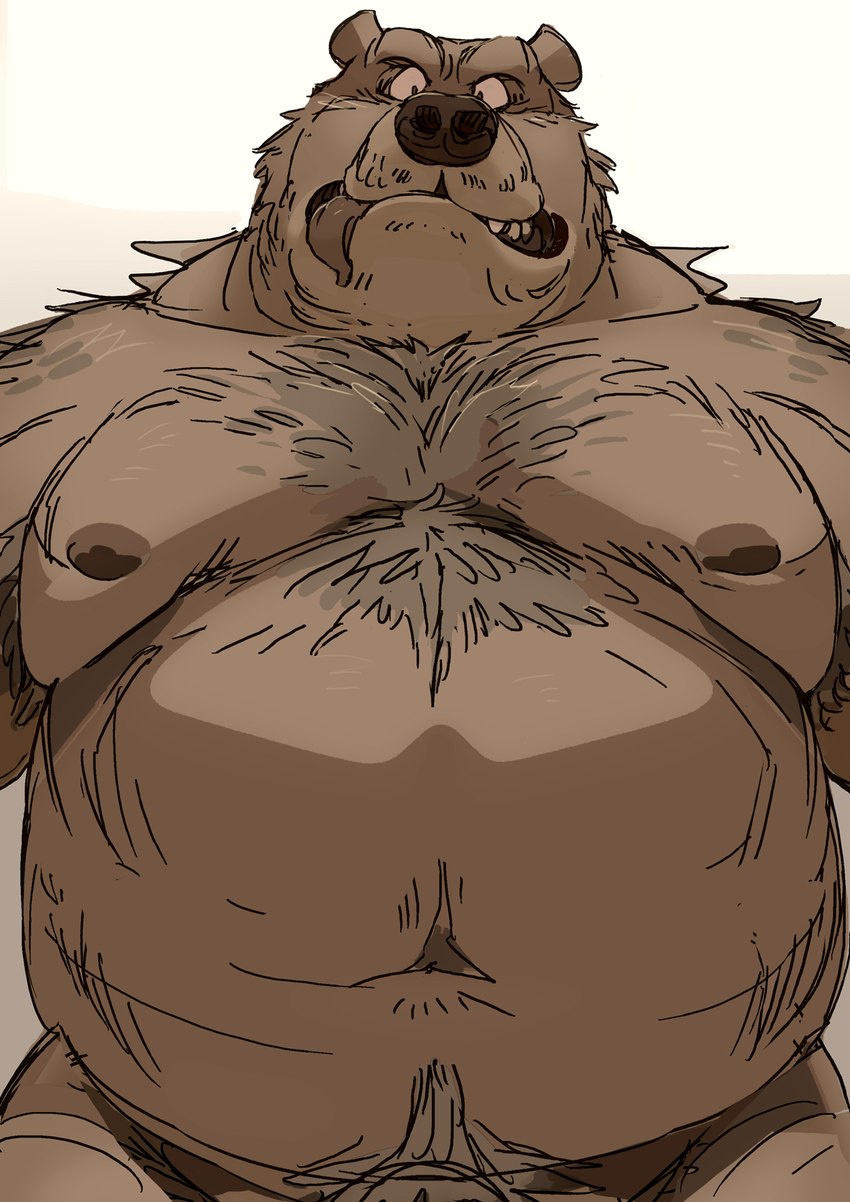 anthro barely_visible_genitalia barely_visible_penis belly brown_body brown_fur fur genitals male moobs navel nipples overweight overweight_male penis simple_background solo motogen s_h_bear bear mammal 2021 hi_res