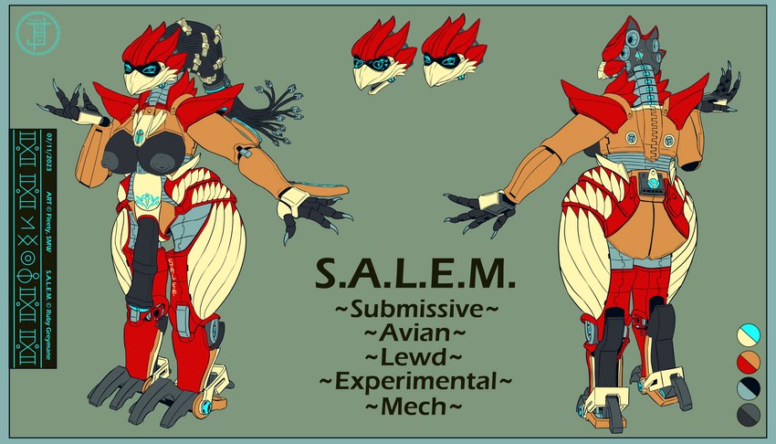 anthro beak biped blue_border border breasts char_refsheet claws feathers genitals gynomorph intersex machine penis robotic science_fiction solo fleety_(artist) european_mythology greek_mythology mythology salem_(character) salem_(ruby_greymane) avian bird equid equine horse mammal mythological_avian mythological_bird mythological_creature mythological_firebird phoenix robot 7:4 absurd_res hi_res model_sheet