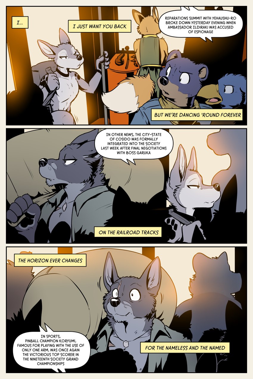 anthro border female group male text yellow_border rick_griffin the_witch_of_kurikuto ideka canid canine canis fox mammal wolf 2:3 comic english_text hi_res