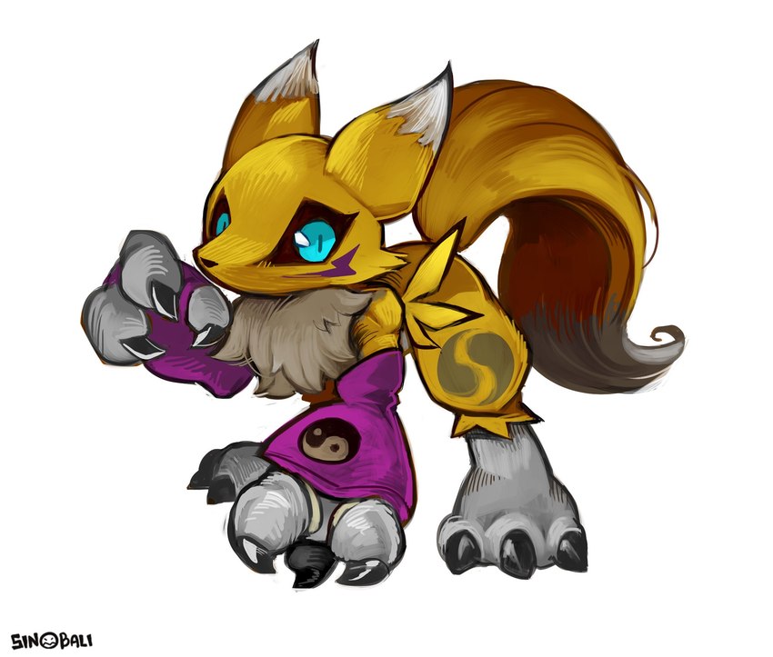 3_fingers ambiguous_gender anthro armwear black_sclera blue_eyes bridal_gauntlets claws clothing dipstick_ears ear_markings fingers fur looking_at_viewer multicolored_ears simple_background solo tail tuft white_body white_fur yellow_body yellow_fur sinobali bandai_namco digimon canid digimon_(species) mammal renamon 2023 hi_res