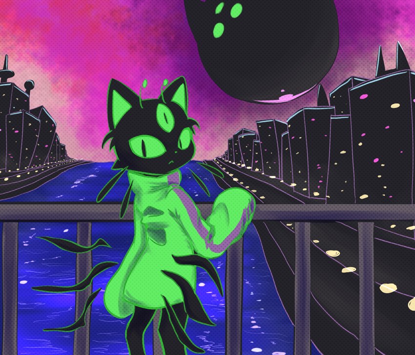 3_eyes 6_tails :< ambiguous_gender antennae_(anatomy) anthro biped black_body black_ears black_fur black_tail building city cityscape clothed clothing detailed_background floating_tail fully_clothed fur green_clothing green_eyes green_inner_ear green_jacket green_topwear head_tuft jacket kemono looking_at_viewer looking_back looking_back_at_viewer monotone_body monotone_fur monotone_tail multi_eye multi_tail no_sclera outside oversized_clothing oversized_topwear pupils purple_sky rear_view river road sky skyscraper slit_pupils solo spacecraft standing street tail three-quarter_view topwear tuft vehicle water whiskers ph_(pixiv) alien domestic_cat felid feline felis hybrid mammal alternate_version_at_source digital_media_(artwork) hi_res portrait three-quarter_portrait