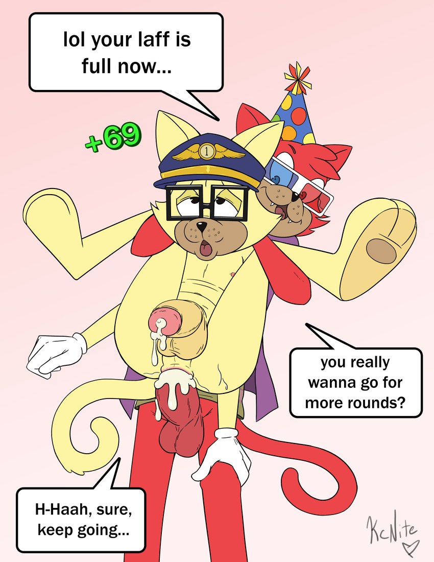 3d_glasses anthro bodily_fluids clothing cum cum_in_ass cum_inside duo eyewear full_nelson full_nelson_(legs_held) fur genital_fluids glasses gloves handwear hat headgear headwear male male/male party_hat pilot_hat rectangular_glasses red_body red_fur simple_background speech_bubble tail text toony yellow_body yellow_fur kcnite toontown toontown_online toontown_rewritten duke_megatoon wacky_laffenbutter_(toontown) domestic_cat felid feline felis mammal absurd_res english_text hi_res