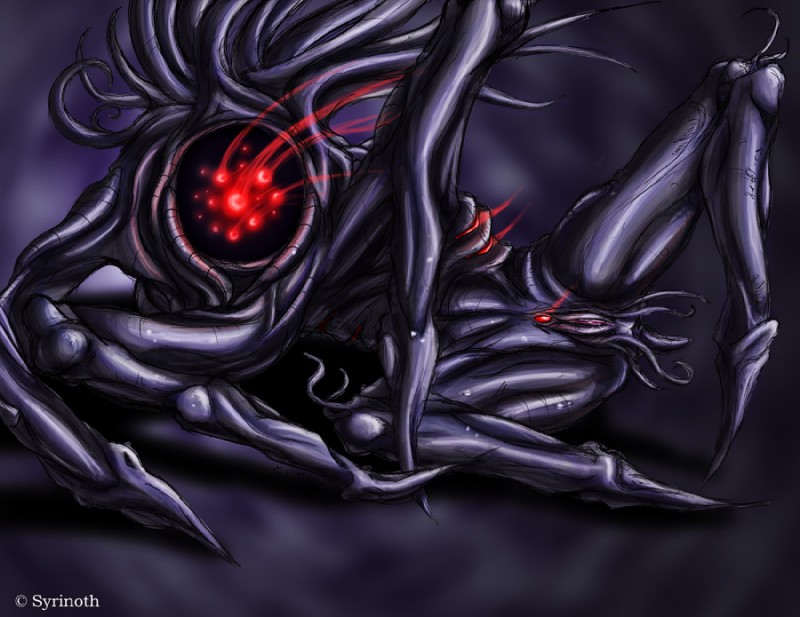 bioluminescence compound_eyes female feral genitals glowing glowing_eyes multi_limb pussy red_eyes solo syrinoth metroid metroid_prime metroid_prime_2 nintendo alien ing_(species) monster