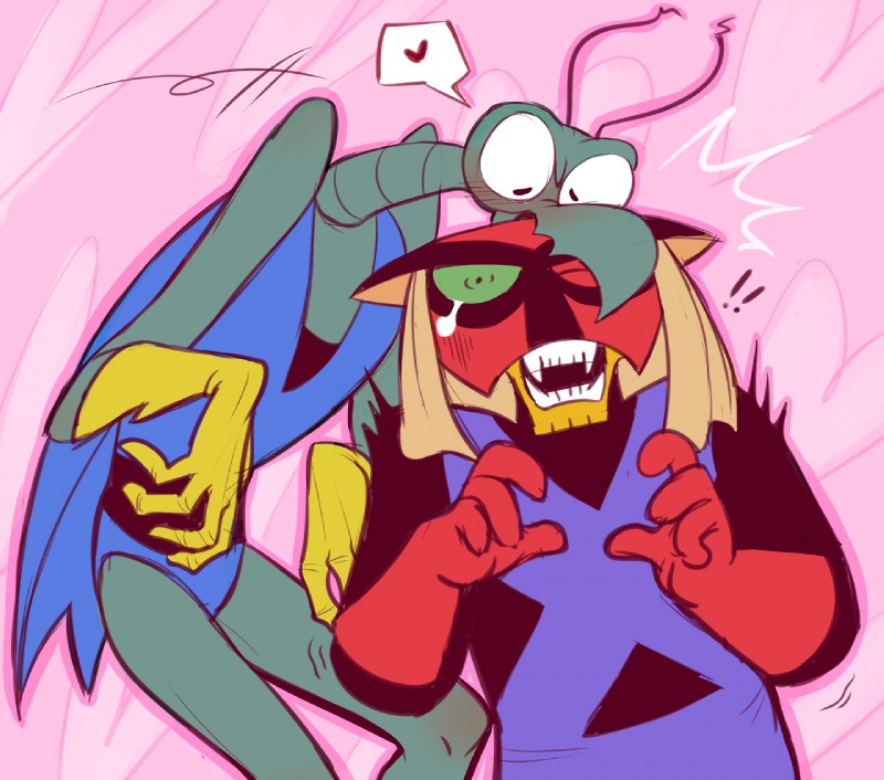 antennae_(anatomy) anthro bite blush bodily_fluids clothed clothing crying duo exclamation_point fangs fur gloves handwear heart_symbol long_neck looking_at_viewer male male/male open_mouth pink_background red_body red_fur simple_background speech_bubble surprise tears teeth uniform missuspatches hanna-barbera space_ghost_(series) brak zorak_(space_ghost) alien arthropod dokarian felid insect mammal mantis 2017 digital_drawing_(artwork) digital_media_(artwork)