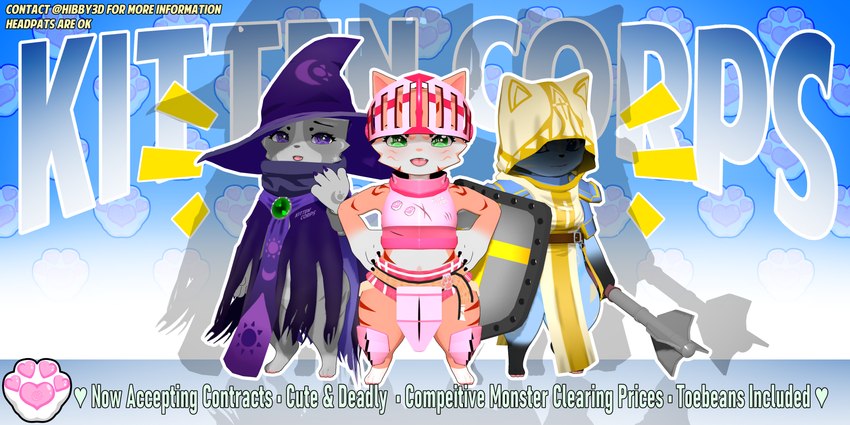 advertisement anthro armor black_nose blue_body blue_fur breastplate claws cleric clothing cross digitigrade fangs female footprint fur fur_markings green_eyes grey_body grey_fur group happy helmet_over_eyes hero_pose hood_over_eyes knee_pads knight mace mage_hat magic_user markings melee_weapon multicolored_body multicolored_fur pattern_background pawpads pawprint pawprint_background purple_eyes robe rosegold_fur scratches serious_face shadowed_eyes shield simple_background sun_symbol teeth text trio warrior weapon hibby3d capcom monster_hunter kitten_corps_(hibby3d) nyaan_(hibby3d) nyeke_(hibby3d) nyily_(hibby3d) felid felyne lynian mammal palico 2:1 3d_(artwork) absurd_res digital_media_(artwork) english_text hi_res