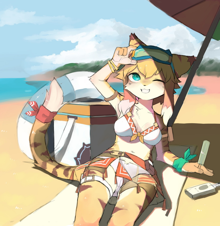 4_fingers anthro beach bikini bikini_skirt blush breasts cleavage clothed clothing cloud cooler countershading eyewear female fingers food fur goggles green_eyes ice_chest kemono looking_up medium_breasts navel one_eye_closed popsicle sand seaside shadow sky smile solo swimwear teeth two-piece_swimsuit umbrella under_shade water yellow_body yellow_fur crayon_(artist) cygames world_flipper mia_(world_flipper) felid mammal pantherine tiger 2020 hi_res