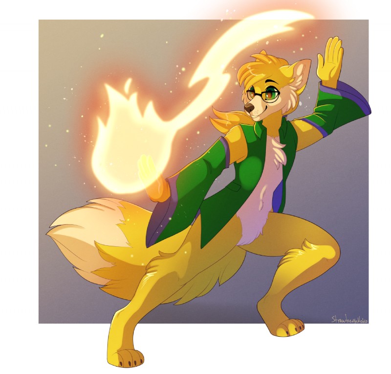 anthro clothing coat digitigrade eyewear fire glasses hair long_hair magic magic_user male sleeves smile solo topwear trenchcoat strawberryneko miles_yellow canid canine fox mammal 2018 hi_res