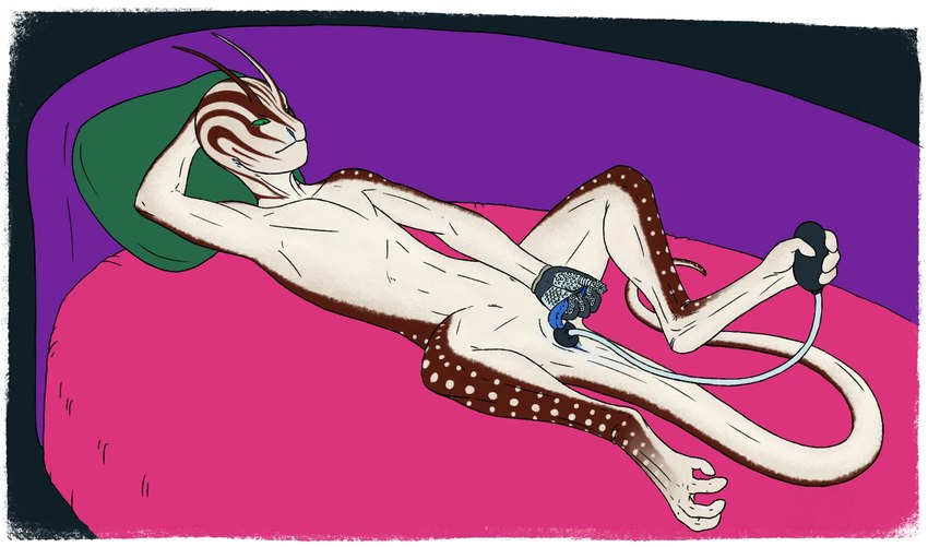 antennae_(anatomy) blue_penis brown_body brown_skin cloacal_penis cloacal_plug clothing facial_stripes feet furniture genitals gloves green_eyes green_pillow hand_behind_head handwear herm inflatable_buttplug intersex lying masturbation multicolored_body multicolored_skin on_back penis pillow plug_(sex_toy) plug_insertion prehensile_feet sex_toy sofa solo spots toes two_tone_body two_tone_skin white_body white_skin white_spots ramul alien humanoid serkanian hi_res