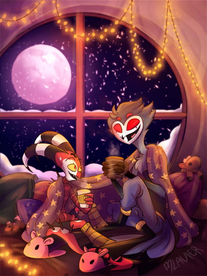 anthro beverage clothed clothing coffee duo feathers footwear full_moon grey_body grey_feathers male moon night red_body red_eyes red_skin shoes slippers snow mlavieer helluva_boss blitzo_(helluva_boss) stolas_(helluva_boss) avian bird demon humanoid imp owl owl_demon 3:4 hi_res