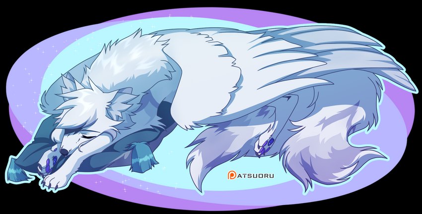 arm_tuft back_wings black_claws blue_outline claws dipstick_tail elbow_tuft eyes_closed feathered_wings feathers feral fluffy fluffy_tail fur fur_markings geometric_background grey_body grey_fur grey_markings grey_tail head_tuft inner_ear_fluff lying male markings multi_tail outline patreon_logo pawpads pillow purple_pawpads ruff simple_background sleeping tail tail_markings tassels toe_claws tuft white_body white_fur white_inner_ear_fluff white_tail_tip white_wings wings atsuoru patreon sirius_hoshi_skaarsgard canid canine canis hybrid mammal wolf alpha_channel hi_res