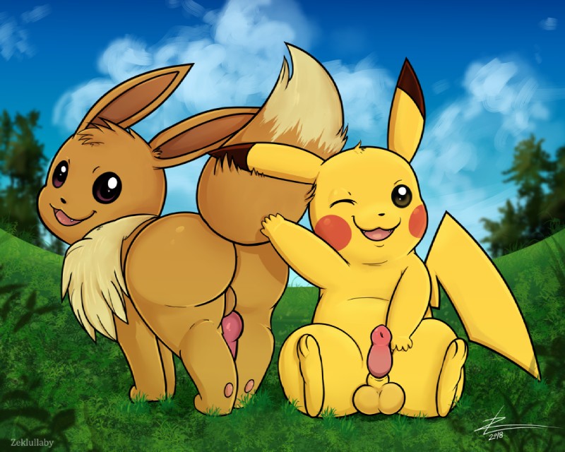 partner eevee and partner pikachu (pokemon: let's go and etc) created by zeklullaby