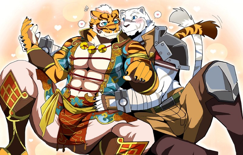 abs anthro biceps big_muscles blue_eyes clothing countershading duo fur kemono male muscular muscular_male pecs stripes white_body white_fur bearlovestiger13 grimoire_of_zero nekojishi studio_klondike lin_hu mercenary_(grimoire_of_zero) felid mammal pantherine tiger 2018