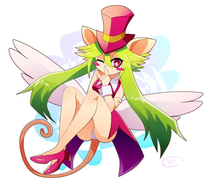 anthro blush blush_stickers breasts clothing cuff_links female green_hair hair hat headgear headwear heart_symbol long_hair necktie panties rat_ears rat_tail smile solo tail top_hat underwear wings unknown_artist mad_rat_dead nippon_ichi_software rat_god_(mad_rat_dead) animal_humanoid humanoid mammal mammal_humanoid mouse_humanoid murid murid_humanoid murine murine_humanoid rat rodent rodent_humanoid absurd_res hi_res