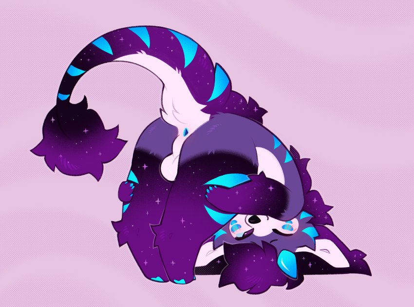 anthro blue_markings blue_paws butt feral fur male markings purple_body purple_eyes purple_fur solo space tail tail_tuft tuft spicybox mythology fenrisloxias canid canine canis dragon hybrid mammal mythological_creature mythological_scalie scalie wolf hi_res