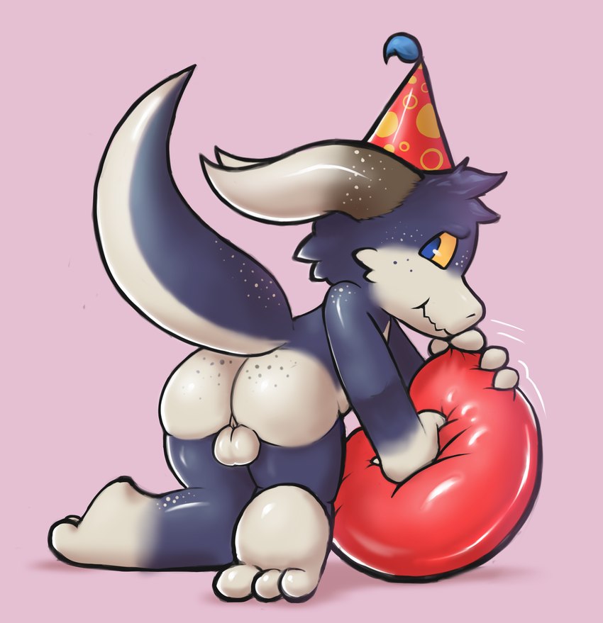 anthro balloon balloon_fetish balls blowing_balloon butt clothing genitals hat headgear headwear inflatable looking_at_viewer looner male party_hat simple_background solo young young_anthro young_male badipoki kobold scalie absurd_res hi_res shaded soft_shading