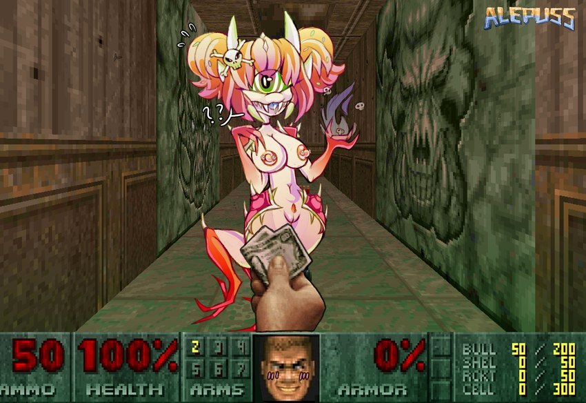 1_eye big_breasts breasts confusion duo female levitation magic magic_user male male/female money nipple_piercing nipples piercing red_body solo spikes spikes_(anatomy) teeth teeth_showing text tongue tongue_out alepuss doom_(series) doom_eternal id_software microsoft doom_slayer cacodemon cyclops demon human humanoid mammal monster english_text hi_res