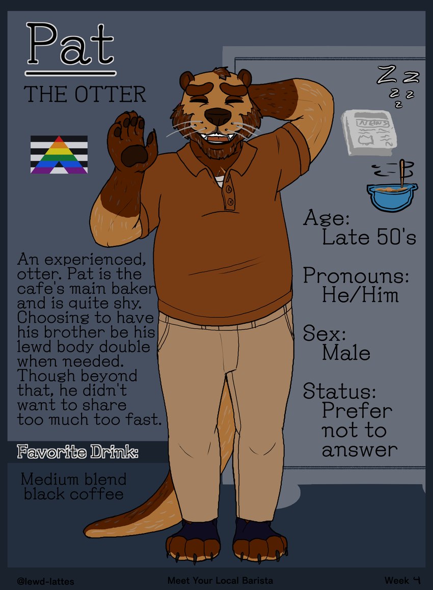 anthro beard bowl brown_body brown_fur clothing container facial_hair flag fur grey_body grey_fur hetero_pride_colors khakis lgbt_pride male newspaper polo_shirt pride_colors rainbow_pride_colors shirt solo straight_ally_colors text topwear wave lewd_latte mammal mustelid otter absurd_res english_text hi_res model_sheet