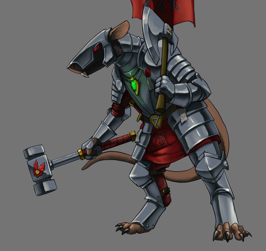 alternate_universe anthro armor axe banner battle_axe black_body black_fur claws clothing full_armor fur hammer jewelry male maul melee_weapon necklace purity_seal red_eyes solo standing tan_body tan_skin tools weapon oniontrain warhammer_(franchise) warhammer_fantasy queek_headtaker mammal murid murine rat rodent skaven story