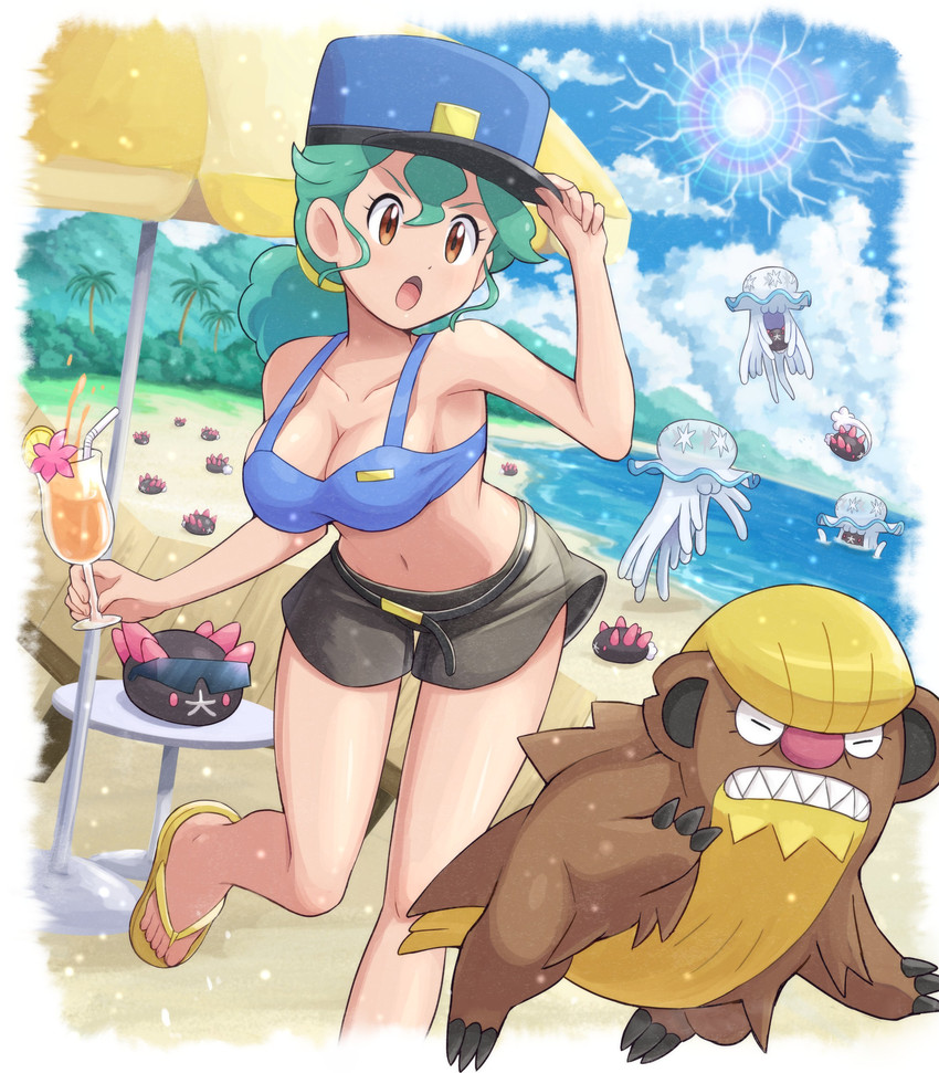 ambiguous_gender beach beverage bikini bottomwear breasts brown_body brown_fur cleavage clothed clothing eyes_closed eyewear female footwear fur green_hair group hair hat headgear headwear human_focus outside police police_officer ponytail sand sandals seaside shoes shorts sunglasses swimwear two-piece_swimsuit water white_body white_skin yellow_body yellow_fur pokemoa nintendo pokemon officer_jenny generation_7_pokemon gumshoos human mammal nihilego pokemon_(species) pyukumuku ultra_beast absurd_res digital_media_(artwork) hi_res shaded