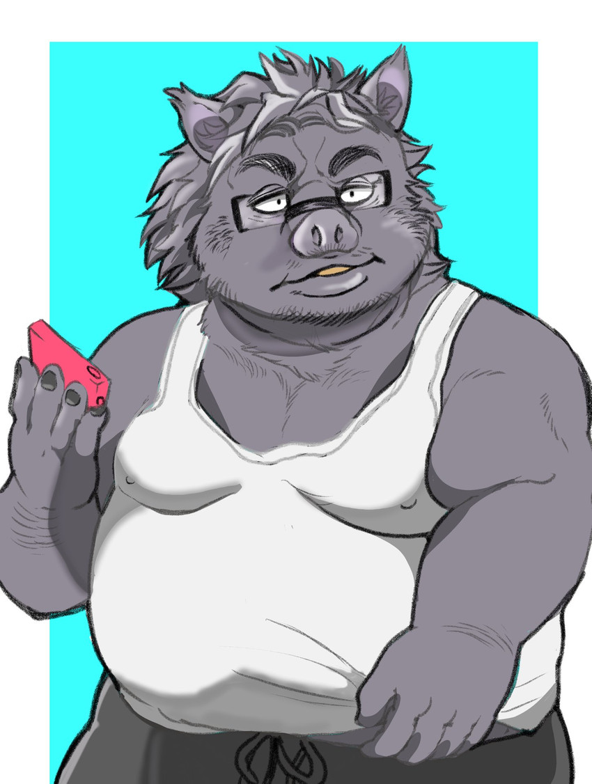 anthro belly black_body black_fur clothing eyewear fur glasses humanoid_hands kemono male overweight overweight_anthro overweight_male shirt solo topwear hysk mammal suid suine sus_(pig) wild_boar 2021 hi_res