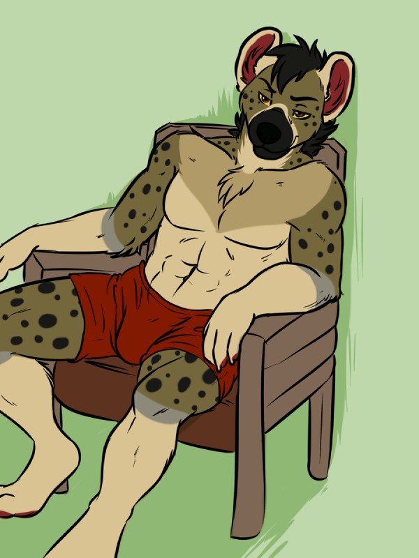 abs anthro athletic biceps biped black_body black_fur black_nose boxers_(clothing) bulge chair chest_tuft clothed clothing fur furniture grey_body grey_fur hair male muscular muscular_anthro pecs red_eyes sitting smile solo spots topless tuft underwear spacecadet shiloh hyena mammal spotted_hyena 2015 3:4 hi_res