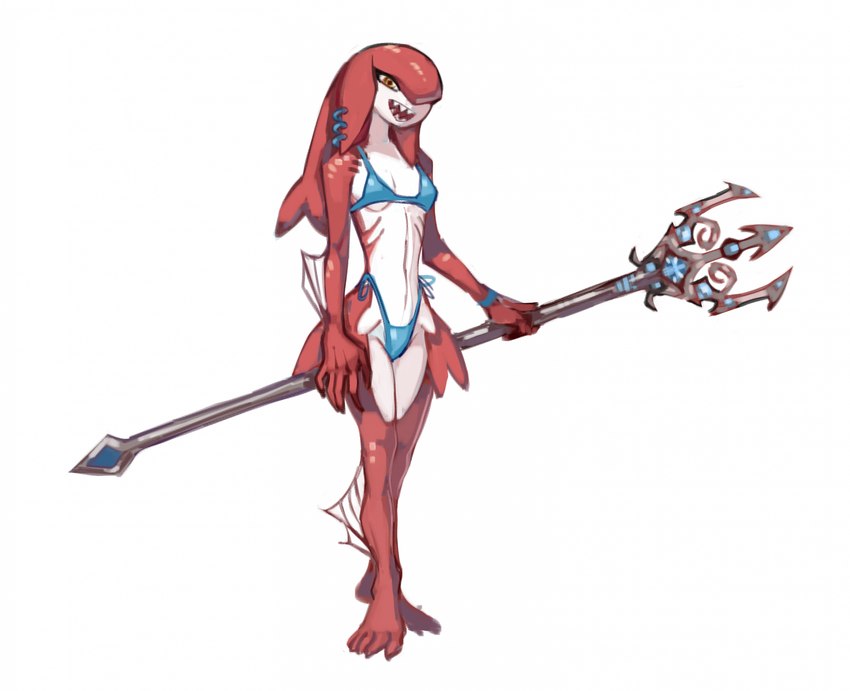 bikini clothing female gills melee_weapon polearm sharp_teeth solo swimwear teeth trident two-piece_swimsuit weapon calmnivore conditional_dnp breath_of_the_wild nintendo the_legend_of_zelda mipha marine zora hi_res